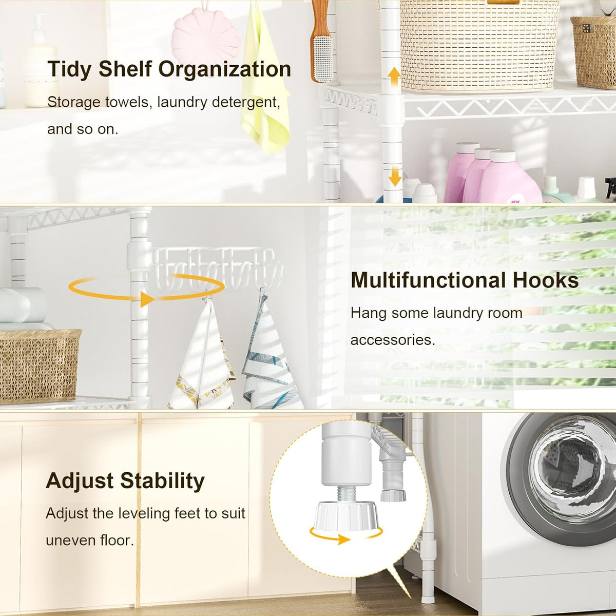 Ulif U8 Laundry Room Storage Organizer, Over The Washer and Dryer Storage Shelves for Laundry Organization, 35”W x 17.3”D x 76.2”H, Suit Washing Machine Width Within 32.6”, Hold 304 lb, White