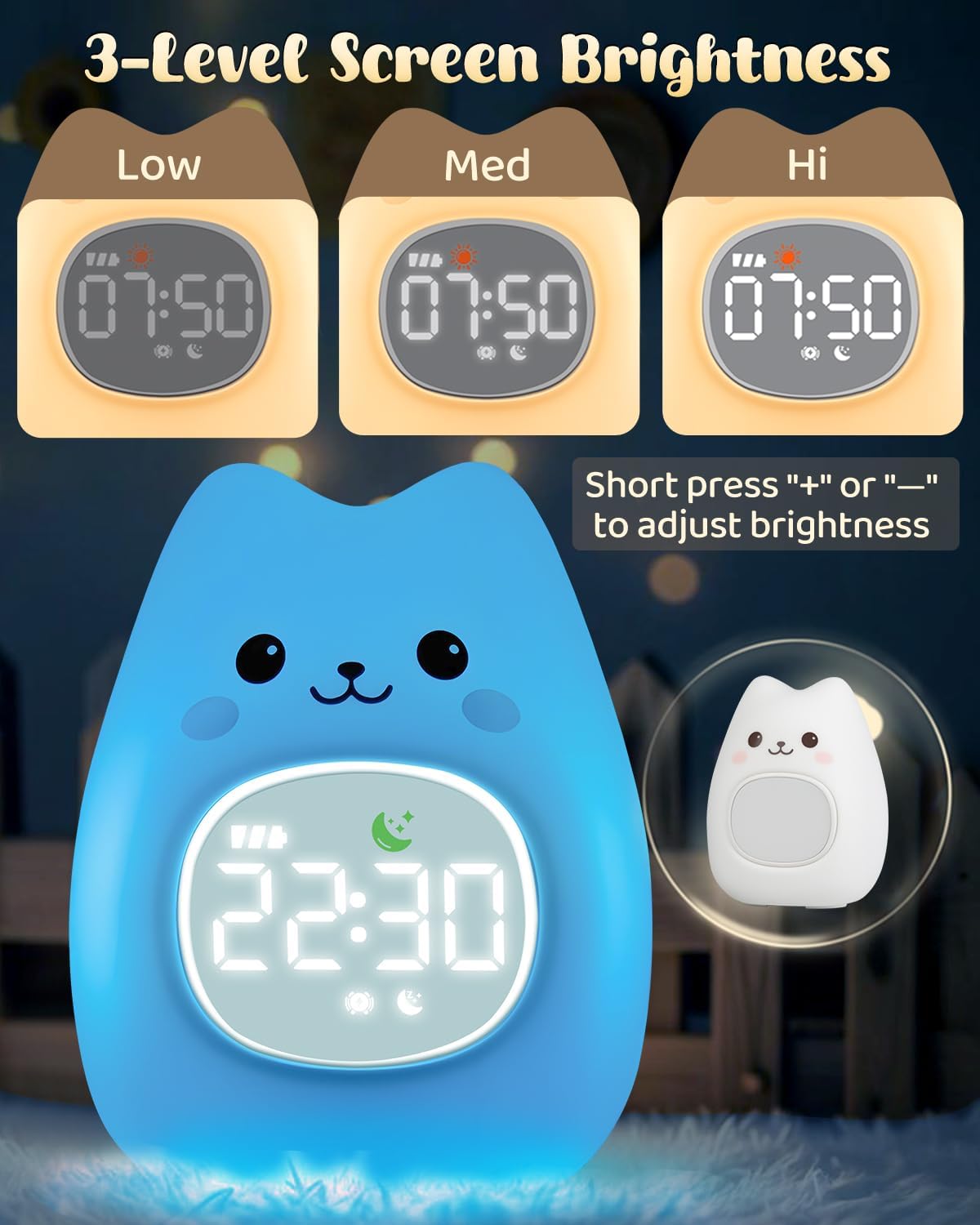 Cat Alarm Clock for Kids with Night Light, Sleep Training Clock Time to Wake Clock, Rechargeable Silicone Light for Bedroom, Perfect Sleep Companion for Boys Girls