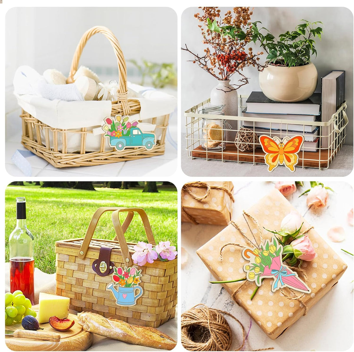 36 PCS Wooden Spring Ornaments to Paint, 12 Styles DIY Blank Unfinished Wood Flower Cutouts Butterfly Ornament for Crafts Hanging Decorations, Cute Bee Flower Shape Home Decorations Gifts