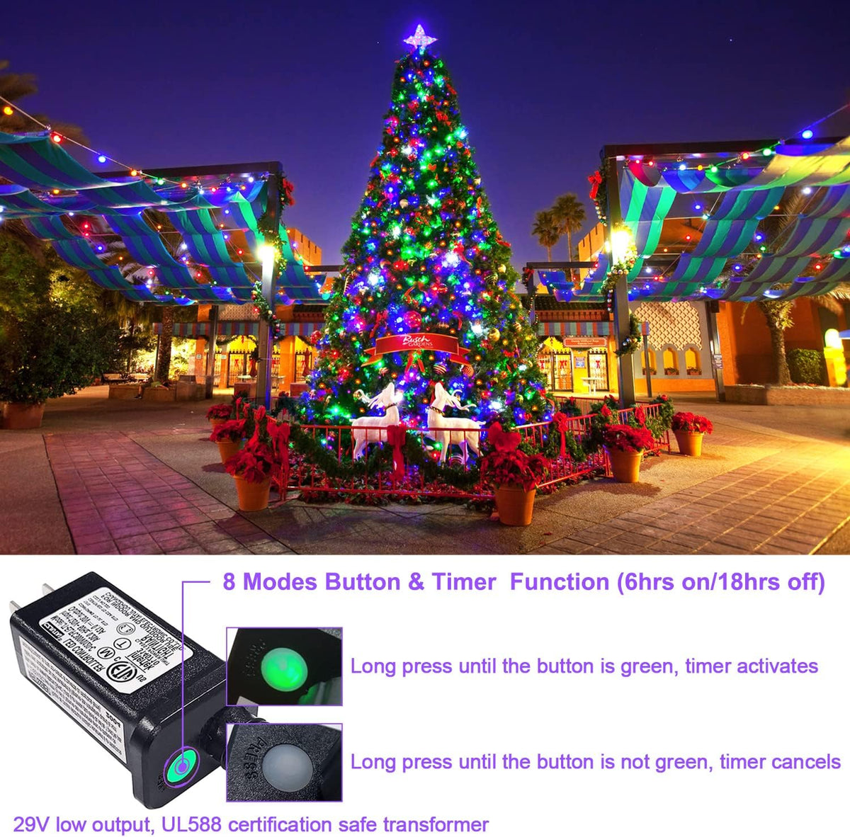 JMEXSUSS 200 LED Multicolor Christmas Lights Outdoor Waterproof, 66ft Expandable Green Wire, 8 Modes Timer Function, Ideal for Home Party Indoor Xmas Decorations