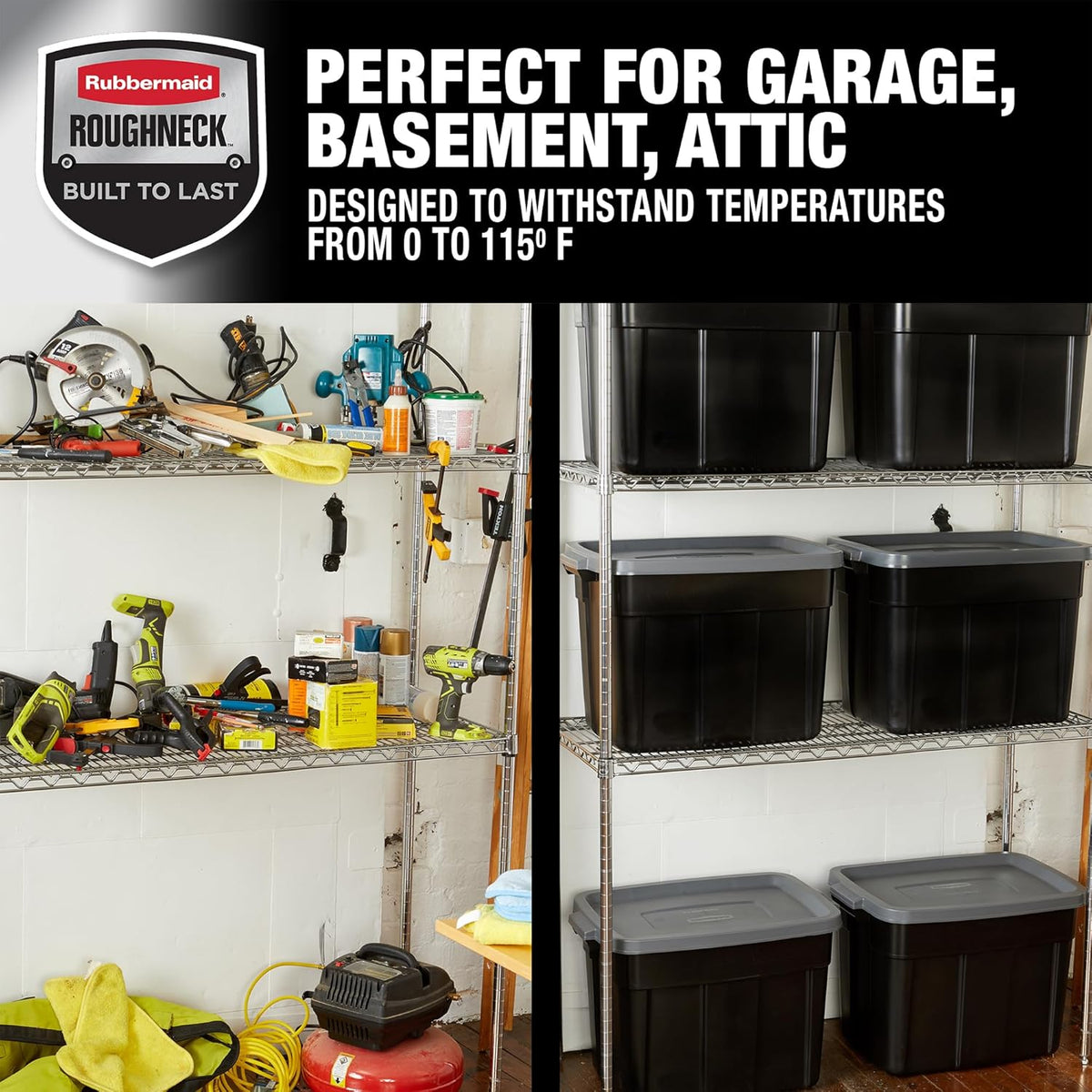 Rubbermaid Roughneck Tote 18 Gal, 6 Pack, Made in USA, Black & Gray, Rugged Plastic Stackable Storage Bins with Lids and Handles