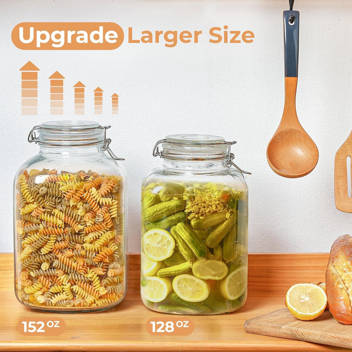 ComSaf Rice Container 152oz, Flour Sugar Storage Containers, Glass Jars with Airtight Lid, 1.17 Gallon Mason Jar, Large Storage Containers with Lids for Pickled Egg, Pasta, Cereal, Beans, Set of 2