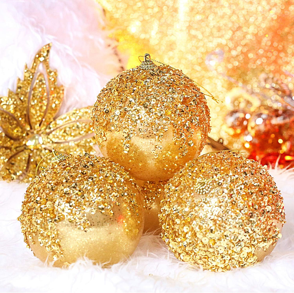 4" Gold Shatterproof Christmas Ball Ornaments, 4pc Set for Xmas Trees and Holiday Decor