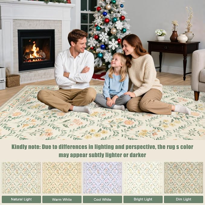 PLHXFR 6x9 Area Rug Living Room: Floral Washable Boho Carpet Beige Multi | - Image 9