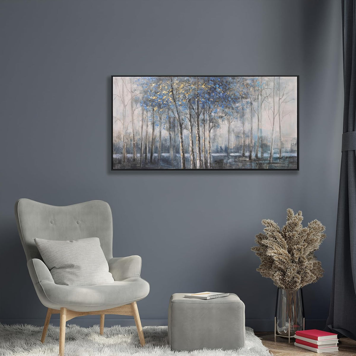 Wall Art Decor Dark Canvas Wall Art Blue Embellishments Plant Grey Misty Forest Abstract Tree Modern Artwork For Living Room Modern Canvas Prints Pictures For Wall Artwork For Bedroom Home Hotel Office Decoration 29x58 Inch