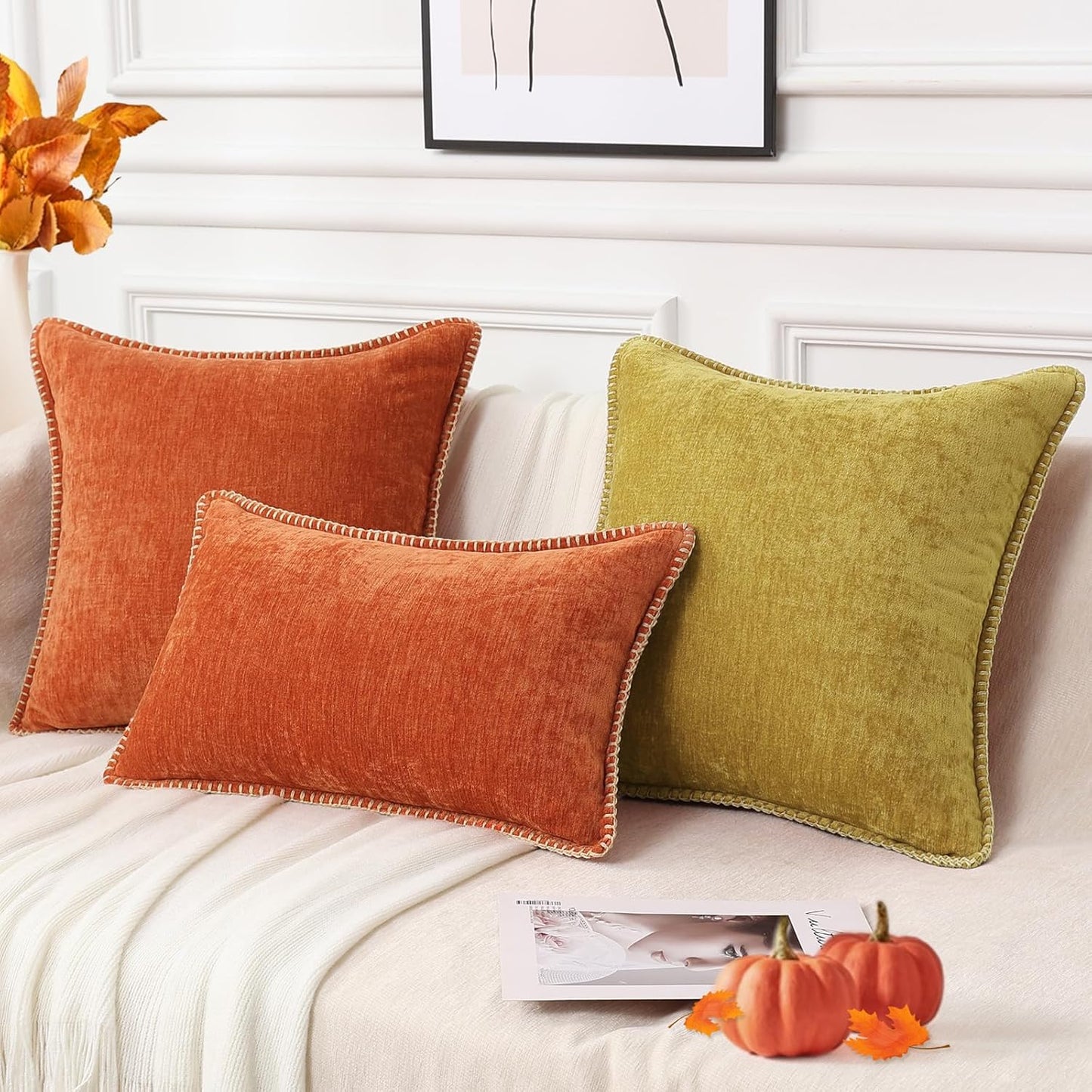decorUhome Fall Chenille Soft Throw Pillow Covers 26x26 Set of 2, Farmhouse Velvet Neutral Decorative Euro Pillow Covers with Stitched Edge for Couch Sofa Bed Home Decor, Rust