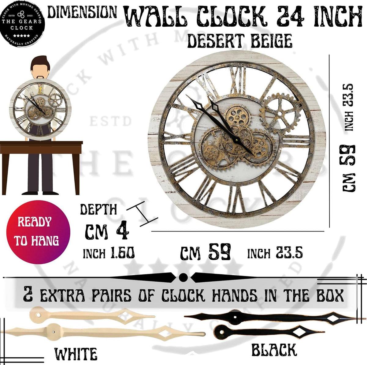 The Gears Clock The Original Real Moving Gear Wall Clock Vintage Industrial Oversized Rustic Farmhouse (24 inch (60cm), Vintage Desert Beige and Bronze)