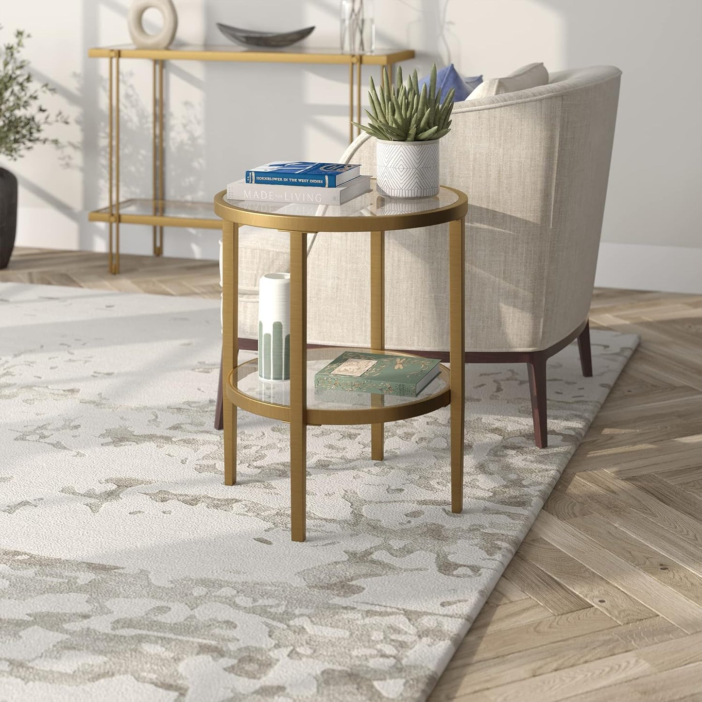 Henn&Hart 20" Wide Round Side Table with Glass Shelf in Antique Brass, Table for Living Room, Bedroom