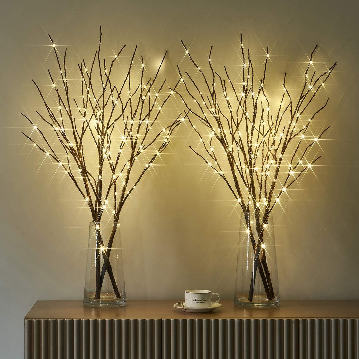 Fudios Lighted Twigs and Branches for Vases Plug in 32in Tall,Brown Willow Tree Branches with Lights 150 LED Outdoor Indoor Holiday Party Decor Gift 2Sets