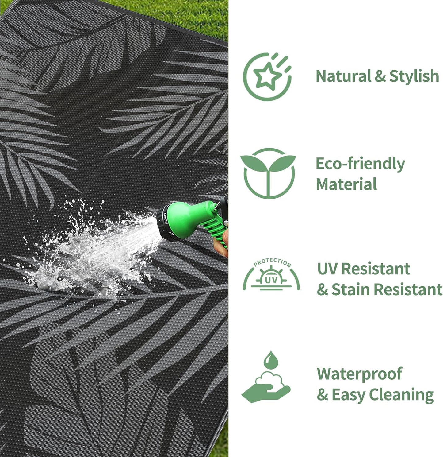 GENIMO Outdoor Rug 8' x 10' Waterproof for Patios Clearance, Reversible Outdoor Plastic Straw Camping Rug Carpet, Large Area Rugs Mats for RV, Camper, Deck, Balcony, Porch, Beach, Picnic, Black&Grey