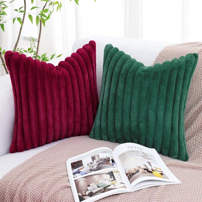 decorUhome Fall Faux Fur Throw Pillow Covers 12x20 Set of 2 Christmas Green | - Image 9