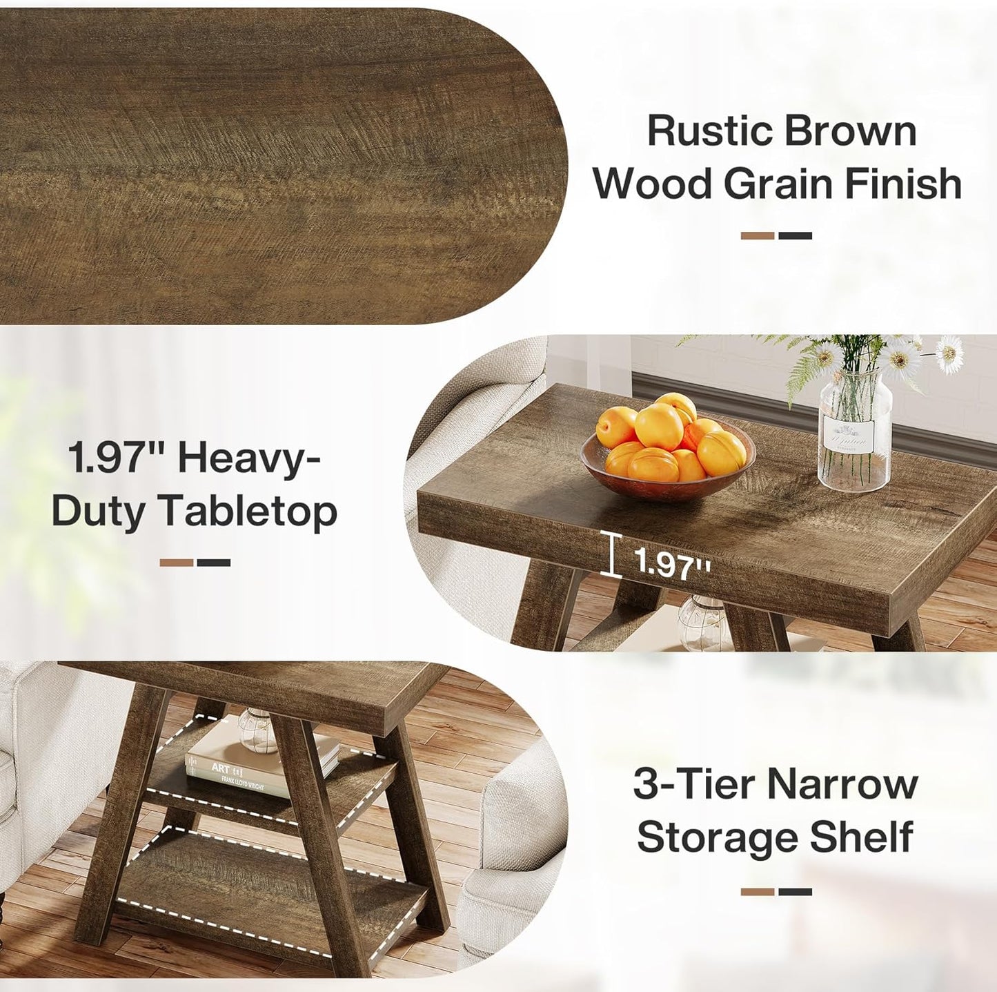 Tribesigns Small Wood End Table, 3-Tier Farmhouse Narrow Couch Side Table with Storage, Vintage Sofa Side Table for Living Room, Heavy-Duty Wooden Bedside Table for Bedroom, Small Spaces, Rustic Brown