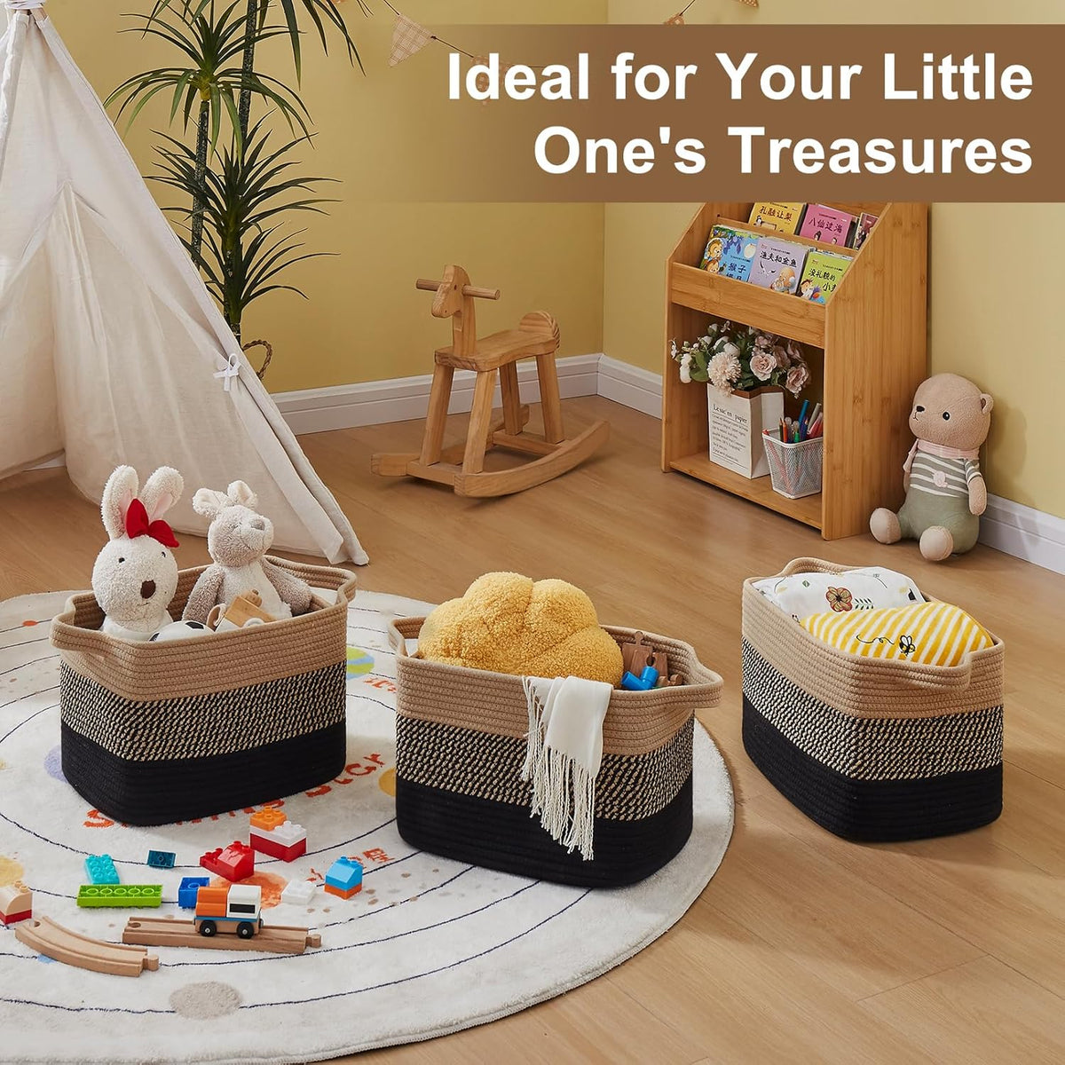 Storage Basket for Organizing, Woven Baskets for Storage, Rectangle Decorative Baskets for Shleves, Closet, Toys, Books, Nursery Organizer Bins - Pack of 3 (Black & Brown)