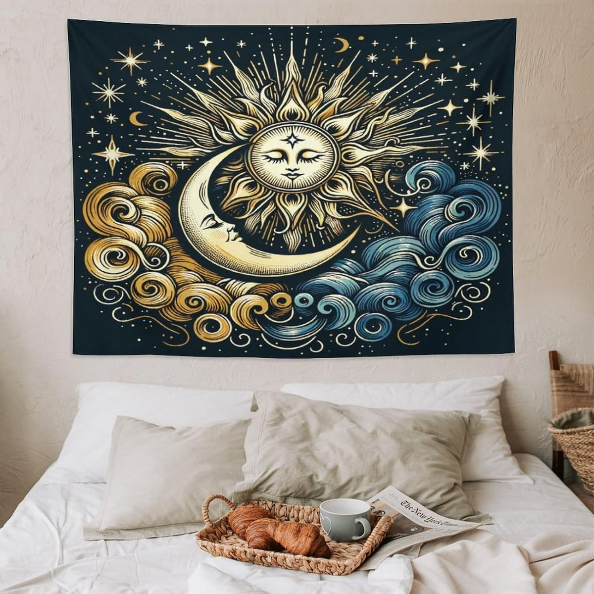 HZOHNAGO Sun Moon Tapestry Boho Golden Stars Pattern Printed Wall Tapestry Wall Hanging for Bedroom Living Room Dorm 80" W x 60" H