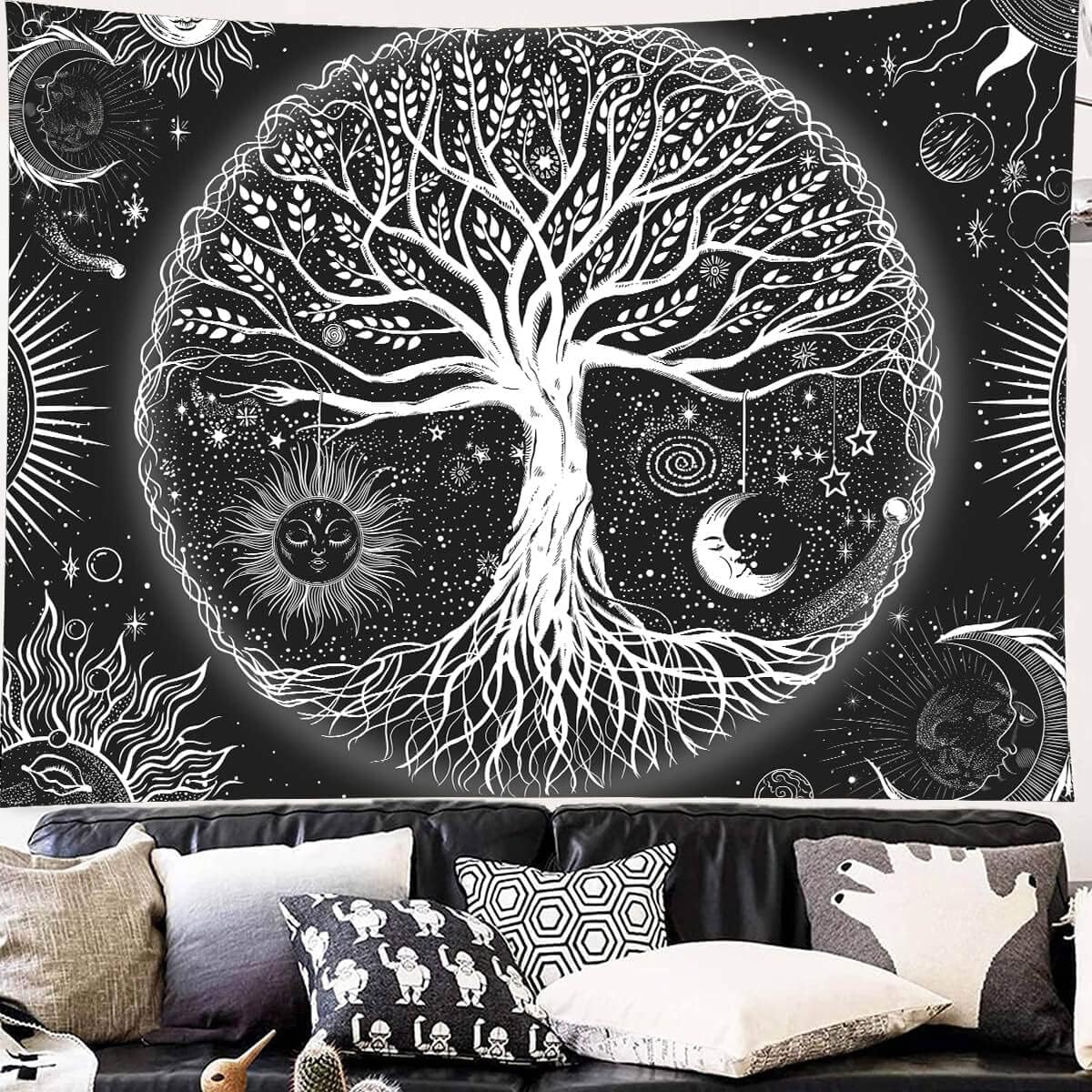 FORATER Tree of Life Tapestry Wall Hanging, Sun and Moon Aesthetic Wall Tapestry Black and White Tapestries Home Decor for Living Room Bedroom(53 x 61 Inch, Black and White)