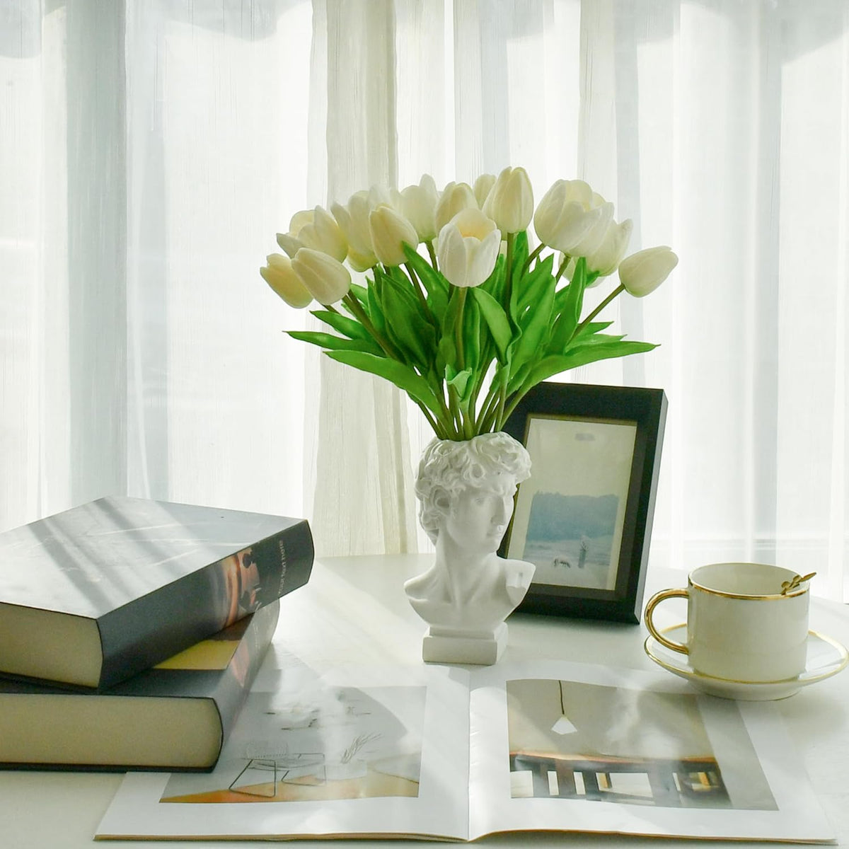 Mandy's Artificial Tulips 12 Stems White PU Faux Flowers for Wedding Home Decor 13.5 Inch