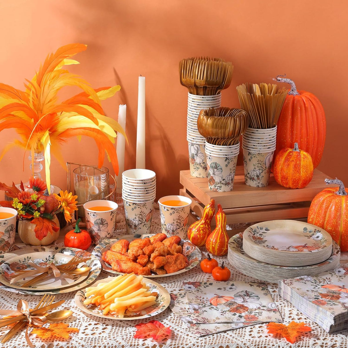 350 Pcs Thanksgiving Fall Party Supplies Dinnerware Set Disposable Plates Napkins Paper Cups Plastic Cutlery for Autumn Thanksgiving Harvest Party Decor Serves 50 (Pumpkin Floral)