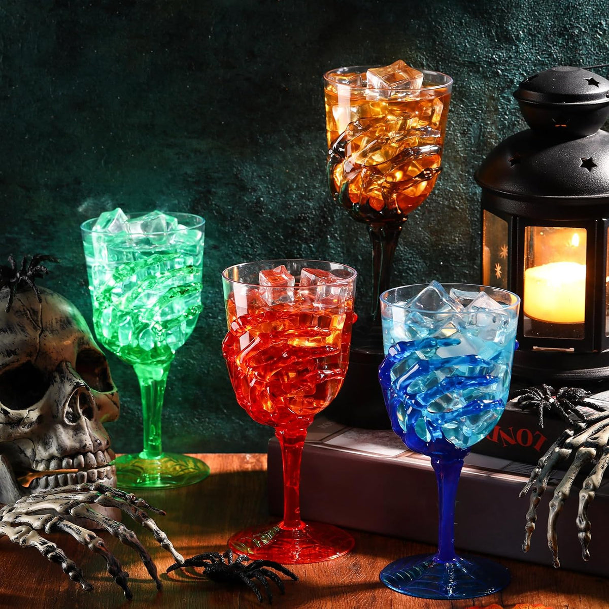 Sliner 24 Pcs Halloween Skeleton Hand Plastic Goblets 12 oz Spooky Skeleton Hand Goblets Halloween Wine Glasses Champagne Glassware Creepy Clear Cups for Party Haunted House, 4 Color