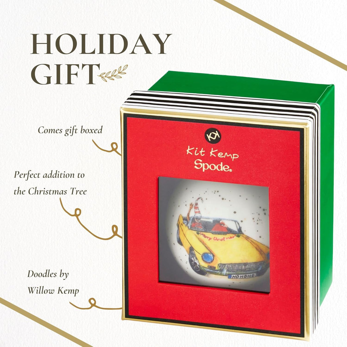 Spode Kit Kemp Christmas Ornament - Doodles Cruising Bauble- Porcelain Handcrafted Festive Charm, Unique Holiday Ornaments with Whimsical Design, Collectible Keepsake Holiday Decoration for Gifting