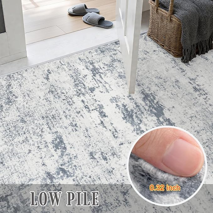 3x10 Washable Runner Rug:Modern Abstract Soft Carpet Blue Grey | - Image 7