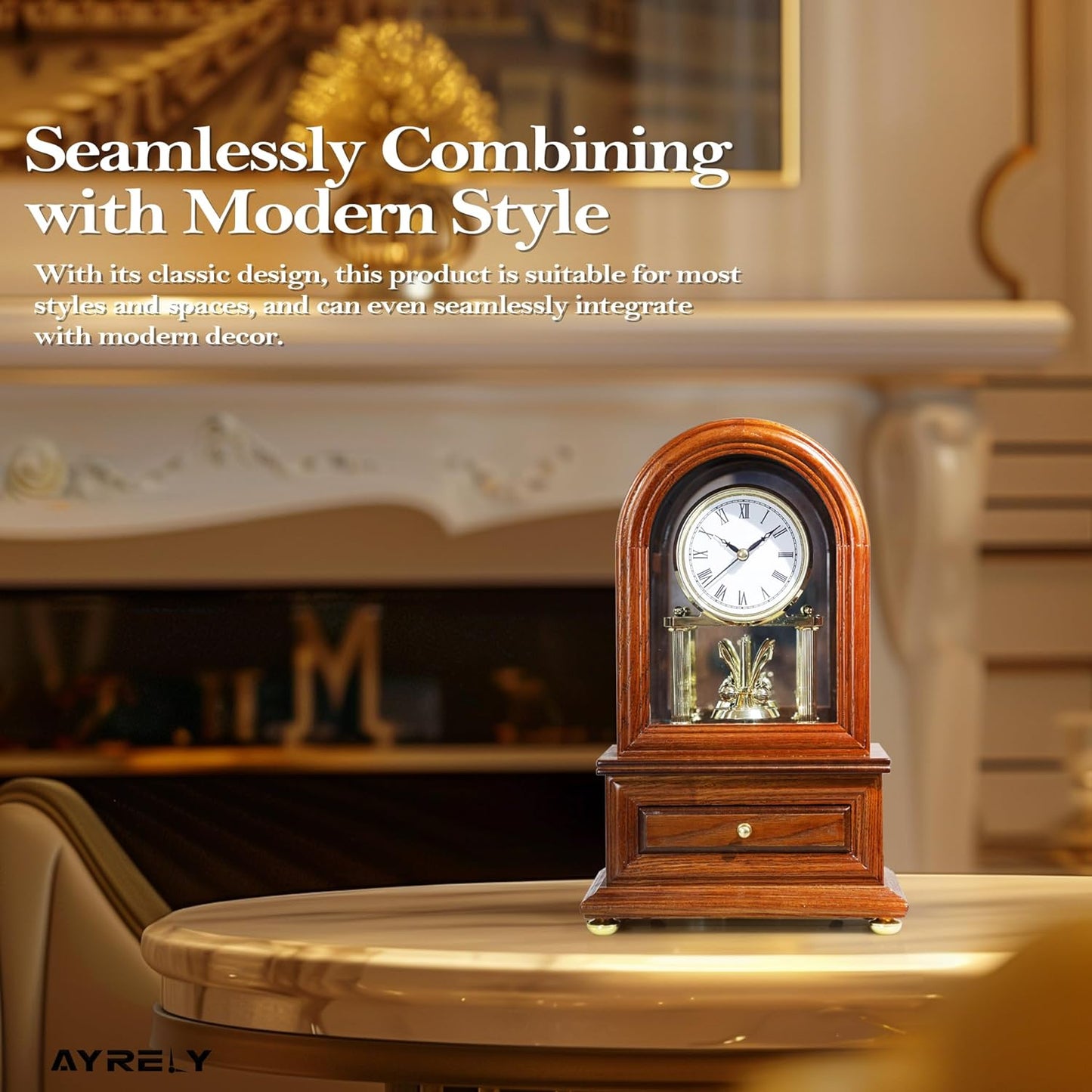 AYRELYยฎ Wooden Table Anniversary Clock, Antique Shelf Clocks, Revolving Pendulum Mantel Clocks, Desk Grandfather Clock for Living Room, Home Decor Gift
