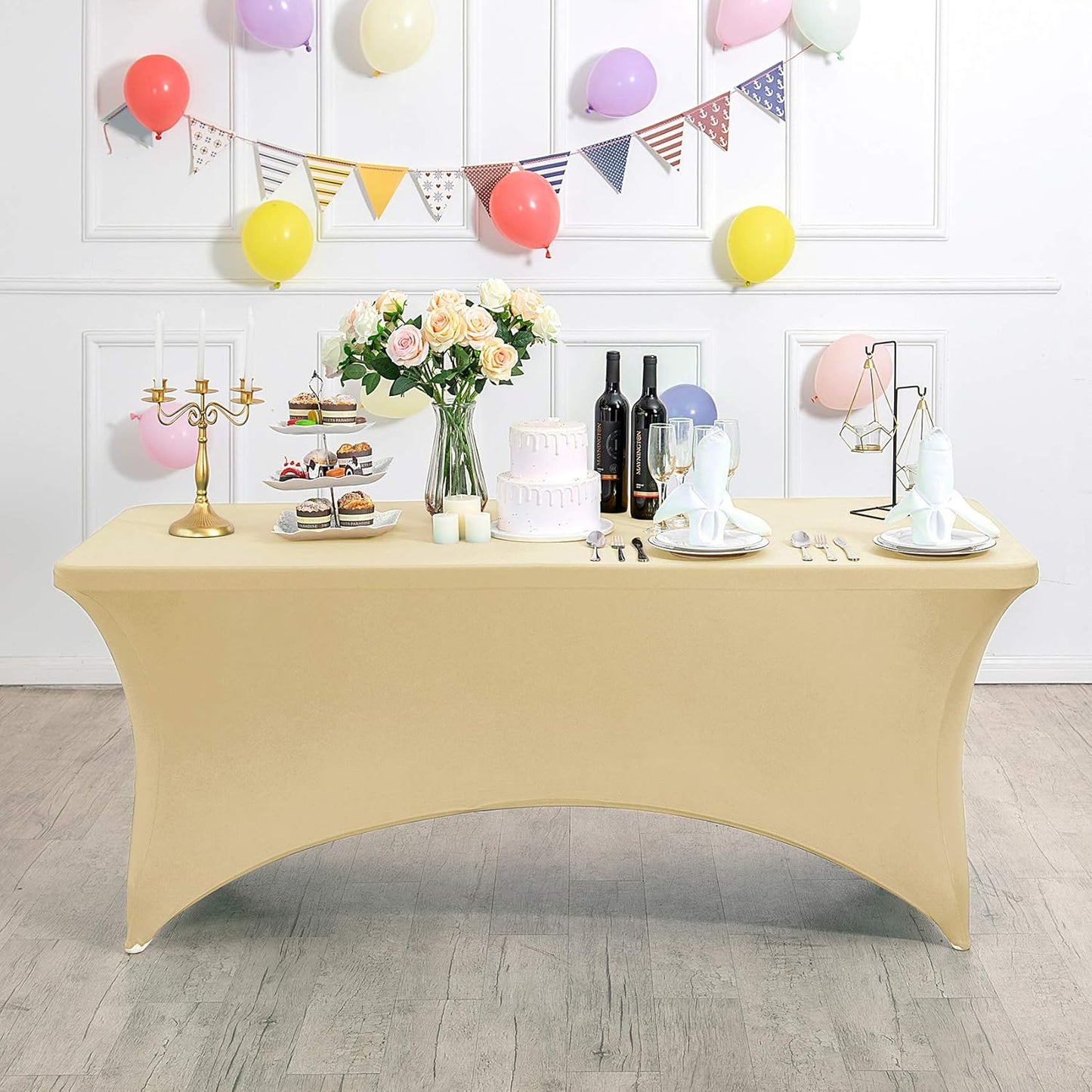 Spandex Table Cover for 6Ft or 4fT or 8ft Table Universal Fitted Stretch Tablecloth for Party, Banquet, Wedding and Events-Champagne