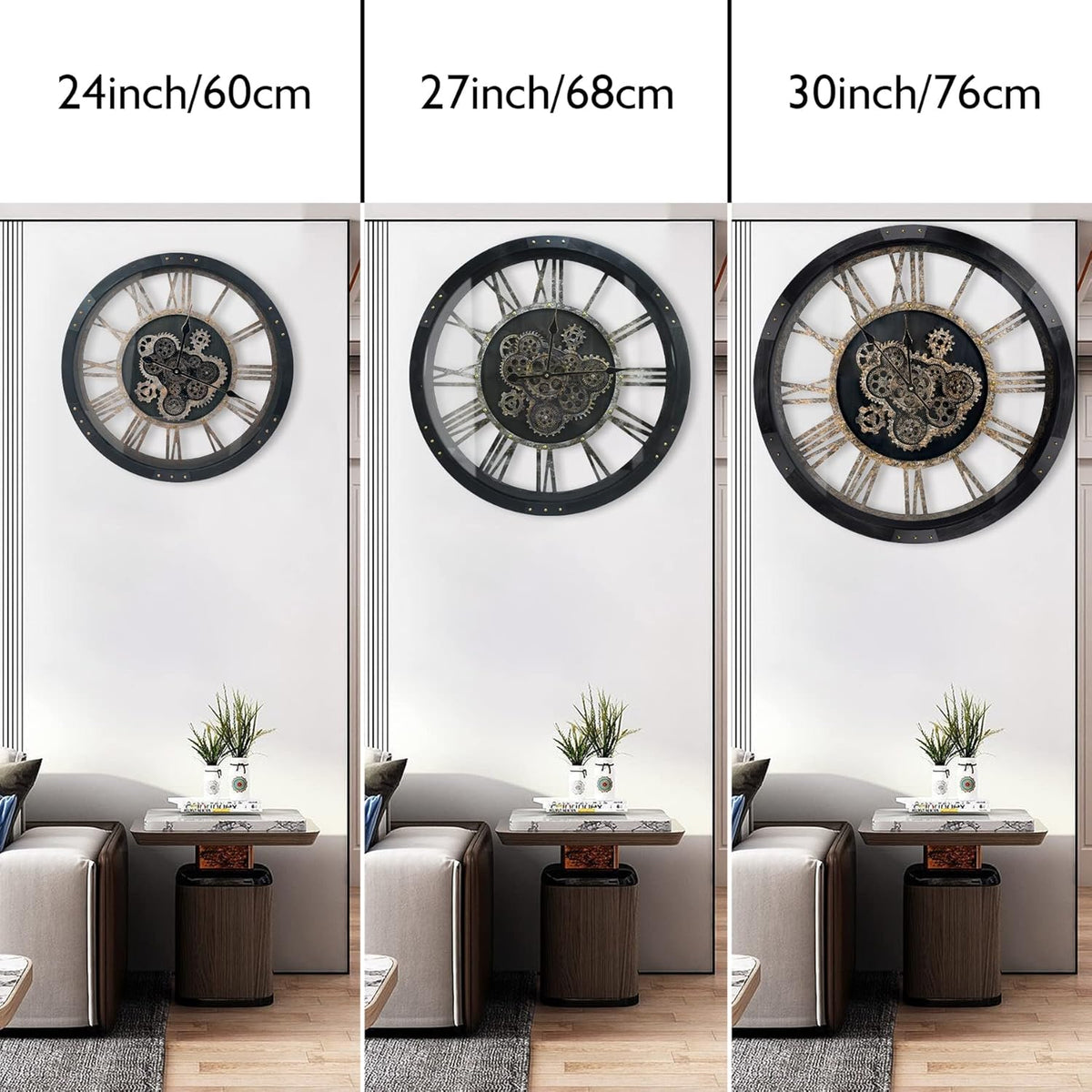 DORBOKER 24" Large Wall Clock with Moving Gears,Oversize Vintage Industrial Rustic Farmhouse Clocks for Living Room Decor Office Home,Solid Wood HD Tempered Glass Cover,Vintage Black