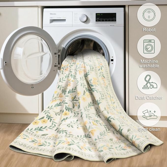 PLHXFR 2x5 Washable Runner Rug:Floral Indoor Kitchen Carpet Beige Multi | - Image 9