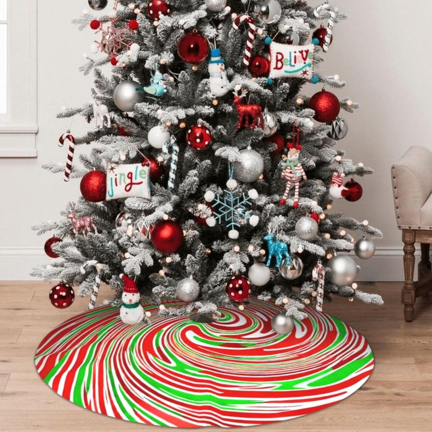 36" Red and Green Swirl Christmas Tree Skirt Sweet Peppermint Candy Tree Mat Base Cover for Xmas Festive Holiday Party Decoration Ornaments