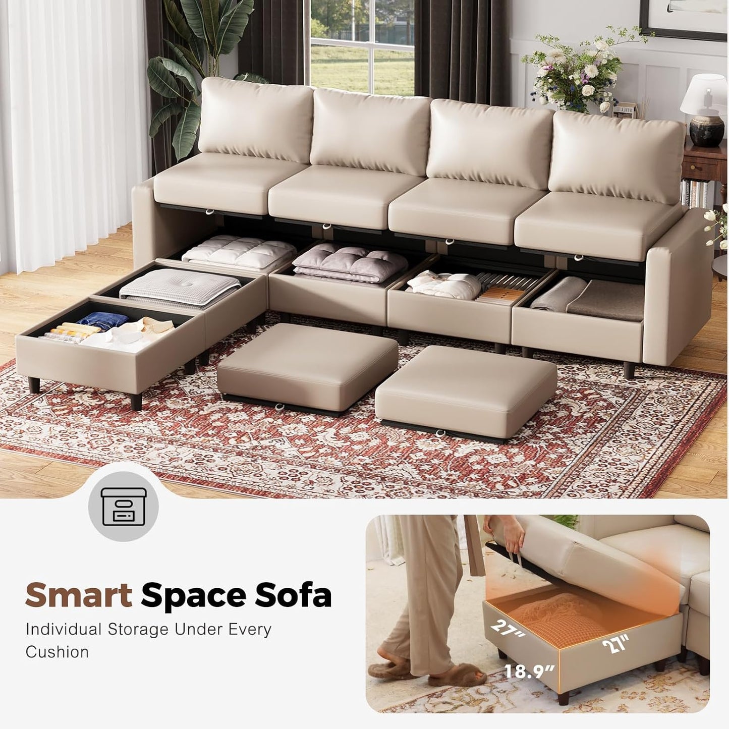 ABCASA Faux Leather Single Sofa, Modern Accent Chair Whitesand with Storage Deep Seat Large Reading Armchair for Living Room Bedroom Office