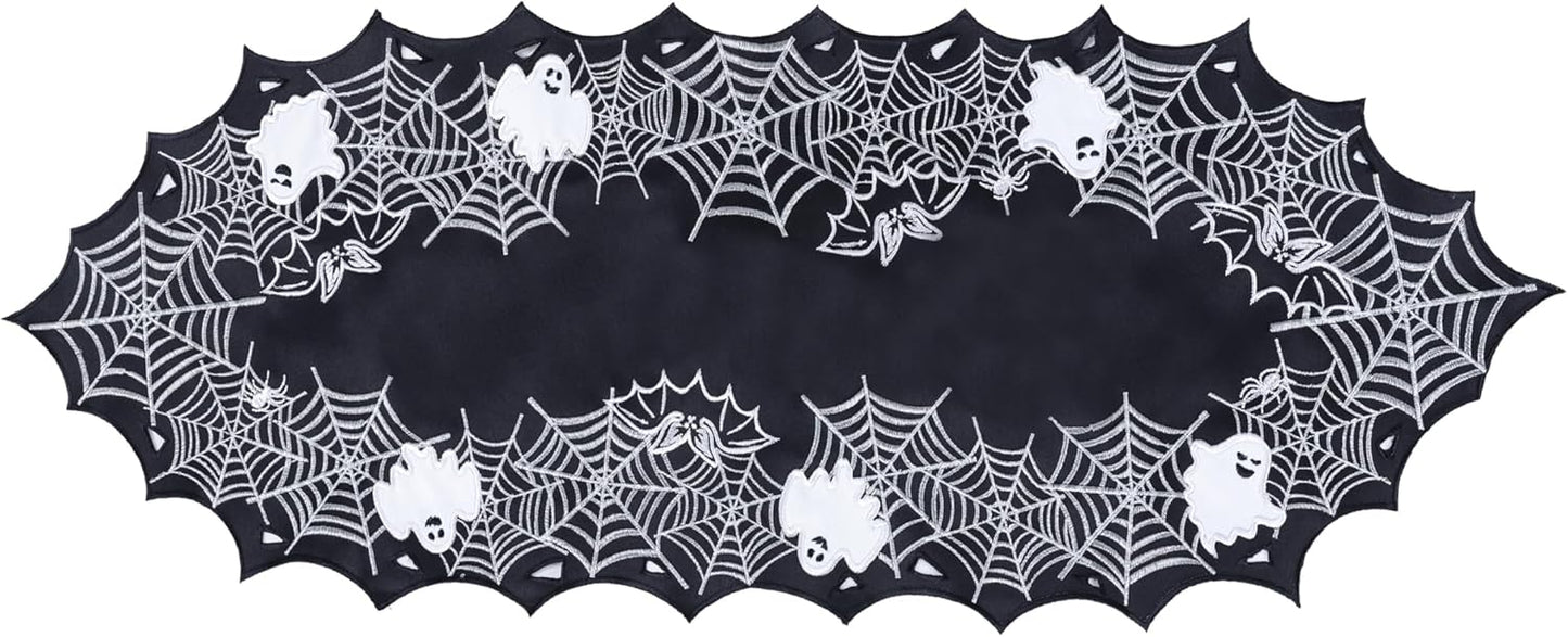 Chlophy Halloween Table Runner Black Spider Web Table Runner Gothic Embroidered for Kitchen Dining Halloween Dรฉcor Home Party Table Decoration 36in