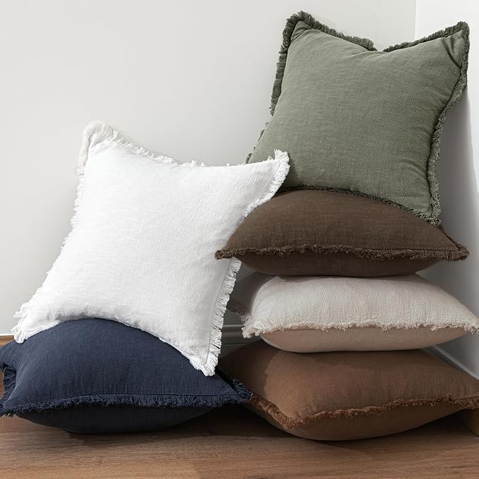 MIULEE Linen Fringe Decorative Fall Pillow Covers Chocolate Brown 26x26 | Set - Image 6