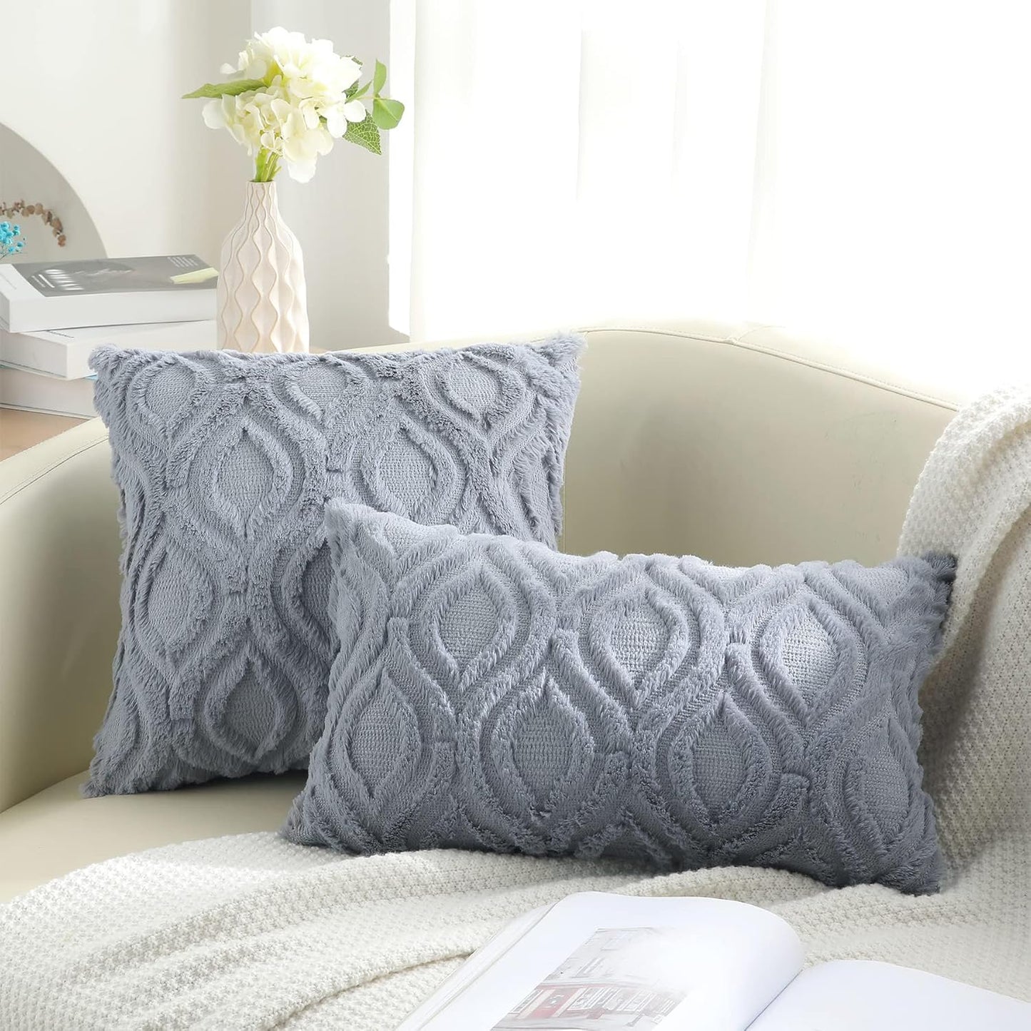 decorUhome Fall Throw Pillow Covers 26x26 Inch Set of 2, Soft Plush Decorative Faux Fur Blue Grey Solid Couch Pillow Covers, Accent Farmhouse Neutral Square Euro Pillow Cases for Sofa Bed Living Room