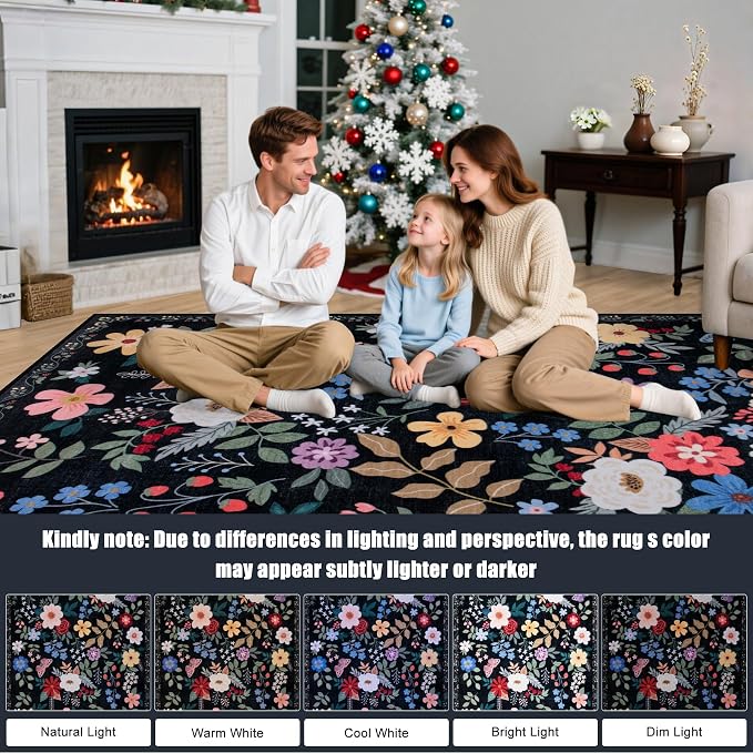 PLHXFR 6x9 Area Rug Living Room: Floral Washable Boho Soft Carpet Black | - Image 9