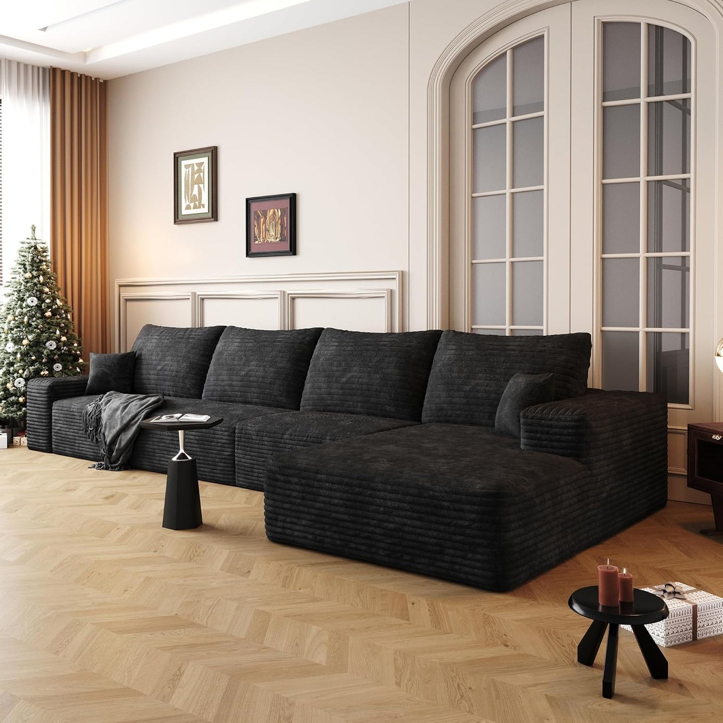 136" Sectional Couches for Living Room Modern Modular Sofa with L-Shape Couchs Upholstered Boneless Couch Deep Seat Sectional Couch with Chaise (Black, Right Facing Chaise+3Seaters)