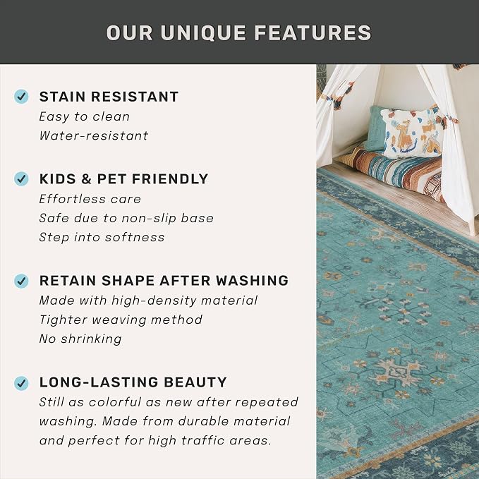 Washable 3x16 Extra Long Hallway Runner Rug, Boho Aqua Blue Large Kitchen Floor - Image 6
