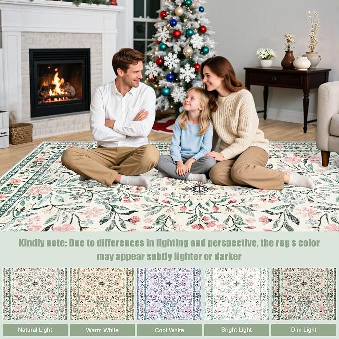 PLHXFR 3x10 Washable Runner Rug:Floral Indoor Kitchen Carpet Green Beige | - Image 9