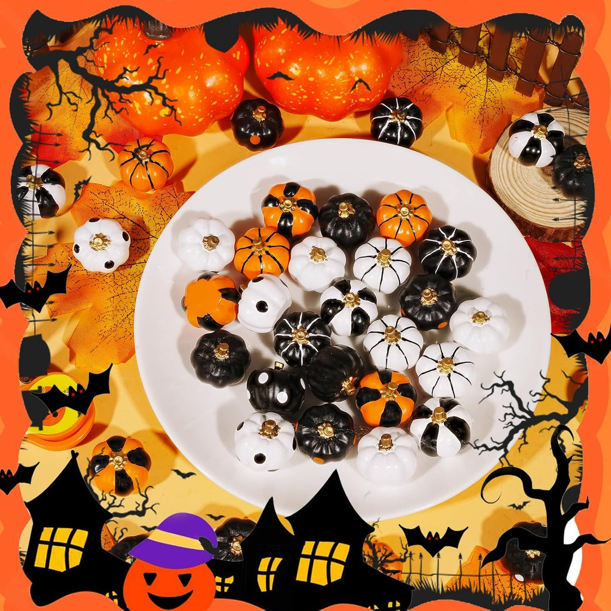 Rileryan 20 PCS Halloween Mini Resin Pumpkin Figurines Black White Orange Tiny Pumpkins Halloween Miniatures Village Decor Tabletop Centerpiece Mantel Kitchen Home Decoration