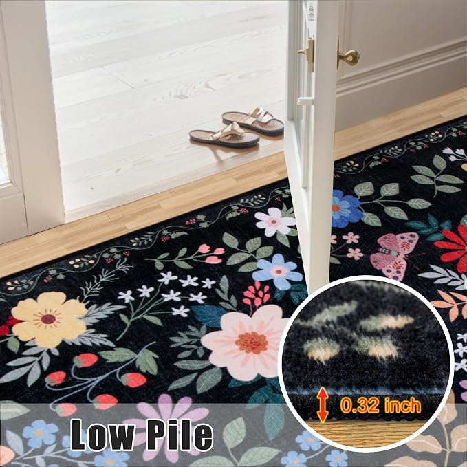 PLHXFR 2.6x8 Washable Runner Rug:Floral Indoor Kitchen Soft Carpet Black | - Image 9