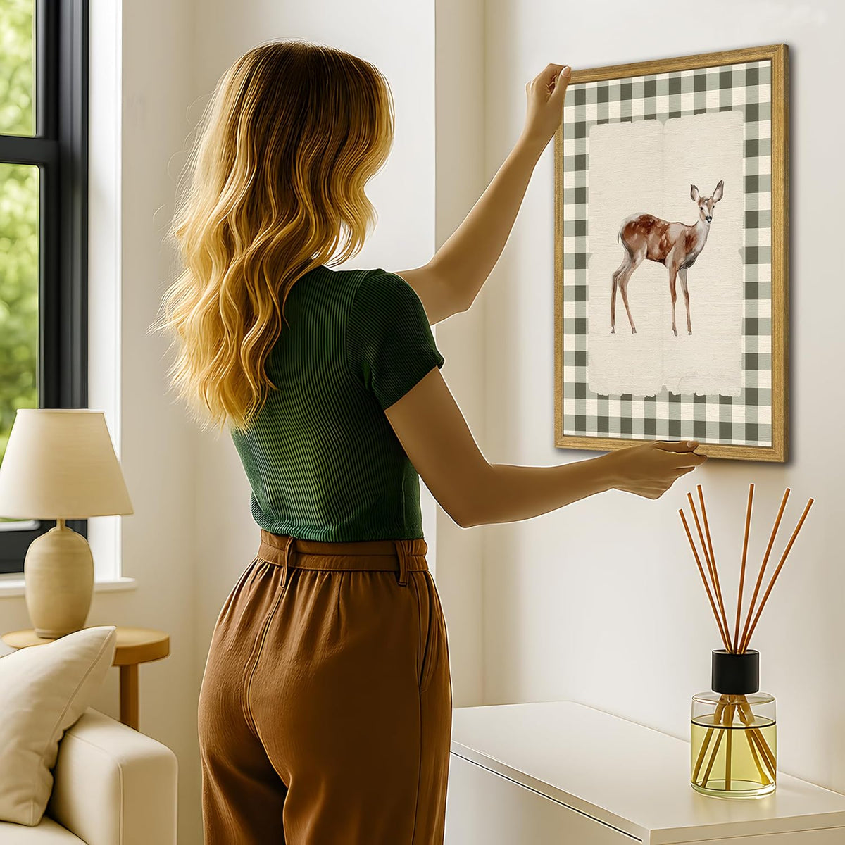 Wood Framed Deer Wall Art Print, Woodland Baby Deer Canvas Poster Wall Decor, Vintage Rustic Green Gingham Farmhouse Animal Picture for Living Room Kitchen Bedroom Nursery Decor, 16x24 inch