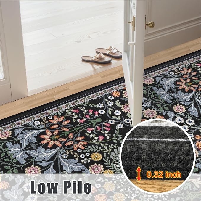 PLHXFR 2.6x8 Washable Runner Rug:Floral Indoor Kitchen Carpet Dark Black | - Image 9