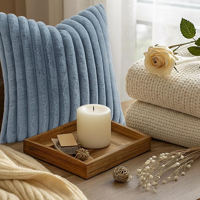 decorUhome Fall Faux Fur Throw Pillow Covers 12x20 Set of 2 Grey Blue | - Image 9