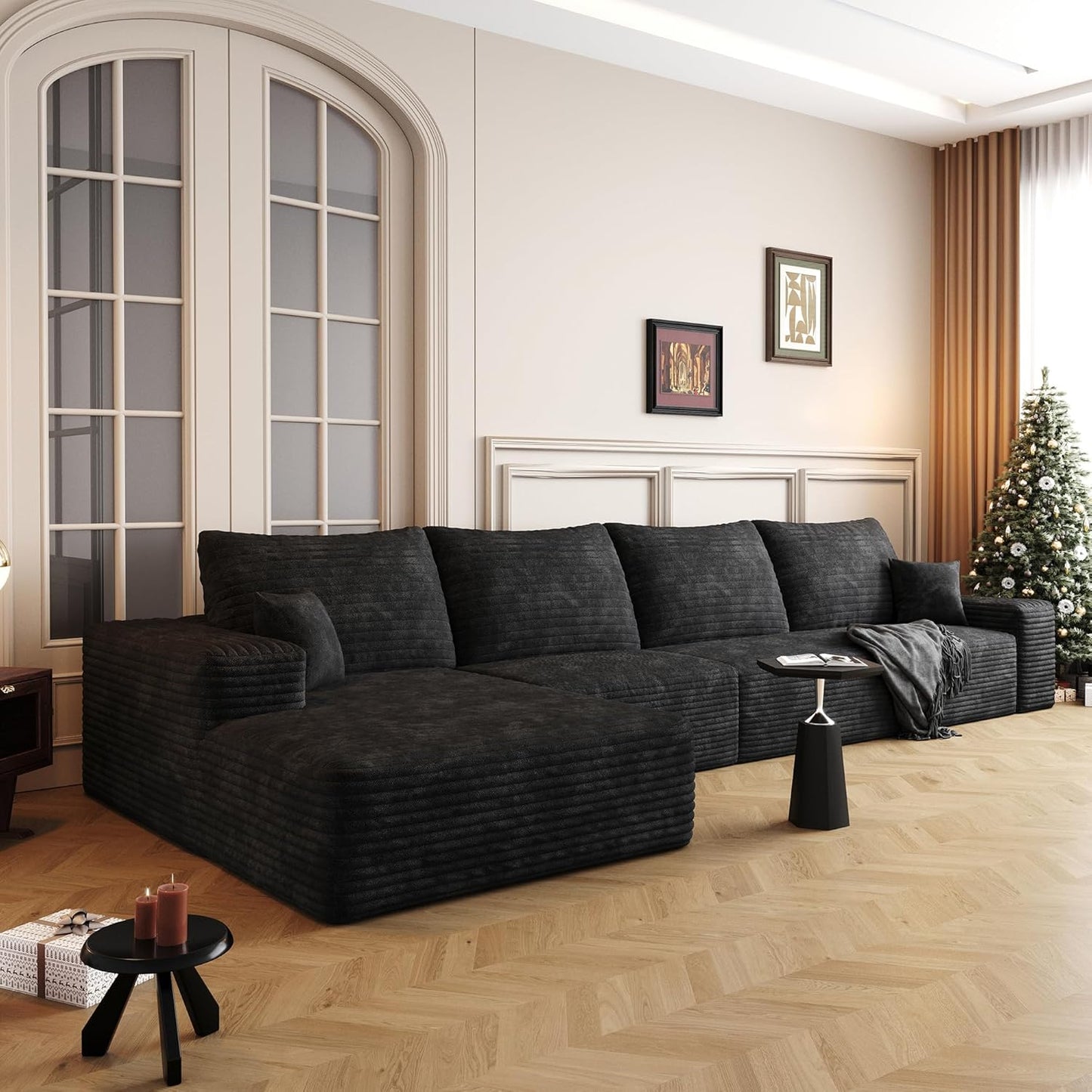136" Sectional Couches for Living Room Modern Modular Sofa with L-Shape Couchs Upholstered Boneless Couch Deep Seat Sectional Couch with Chaise (Black, Left Facing Chaise+3Seaters)