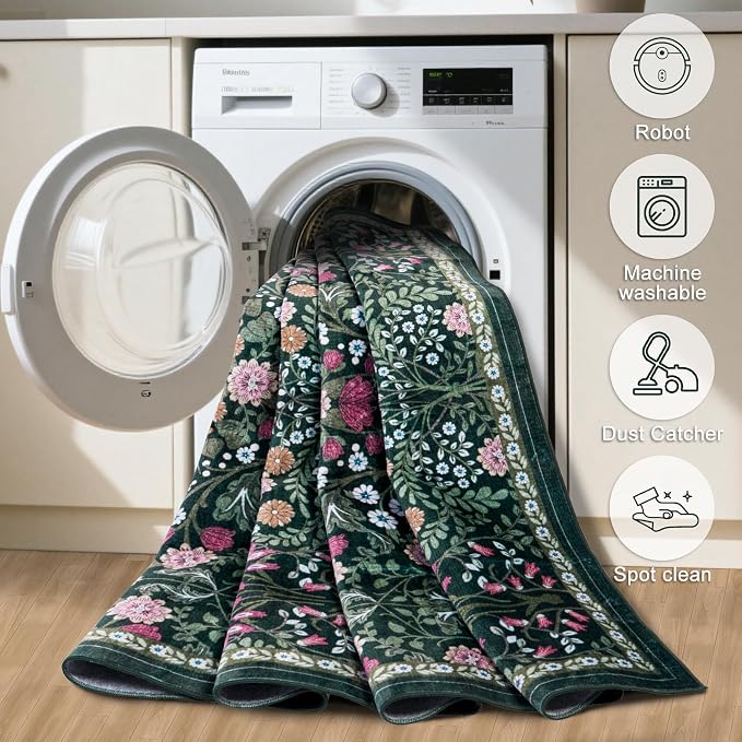 PLHXFR 2x5 Washable Runner Rug:Floral Indoor Kitchen Carpet Dark Green | - Image 9
