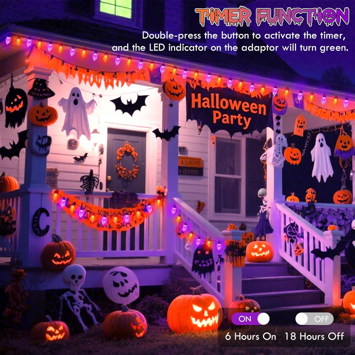 2PK 100 LED Purple and Orange C9 Halloween Lights Indoor Outdoor, Extendable 98FT C9 String Lights with 13 Modes & Timer, Waterproof Plug in Halloween Decorations for Tree Patio Fall Party Garden