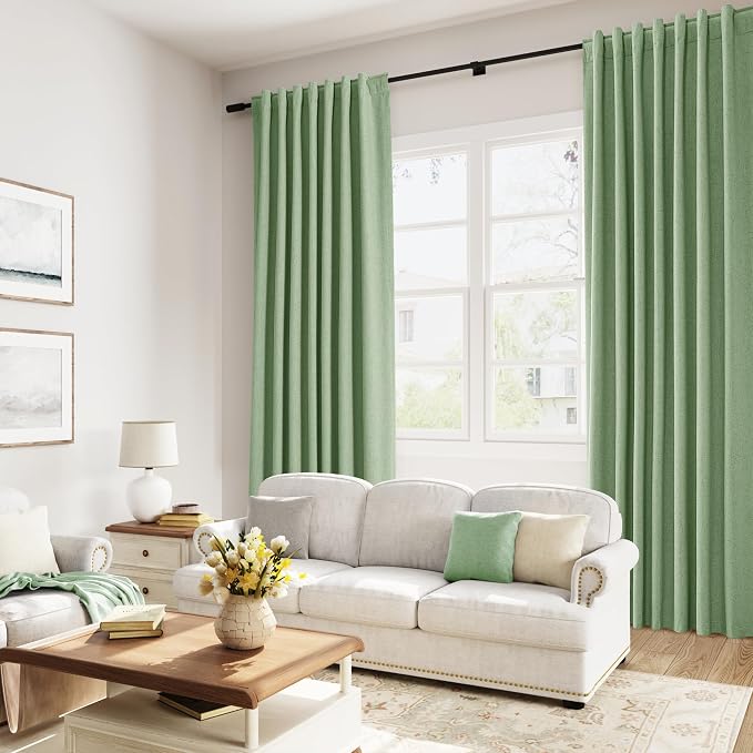 Light Sage 100% Blackout Linen Curtains 108 Inch Length 2 Panels Set - Image 8