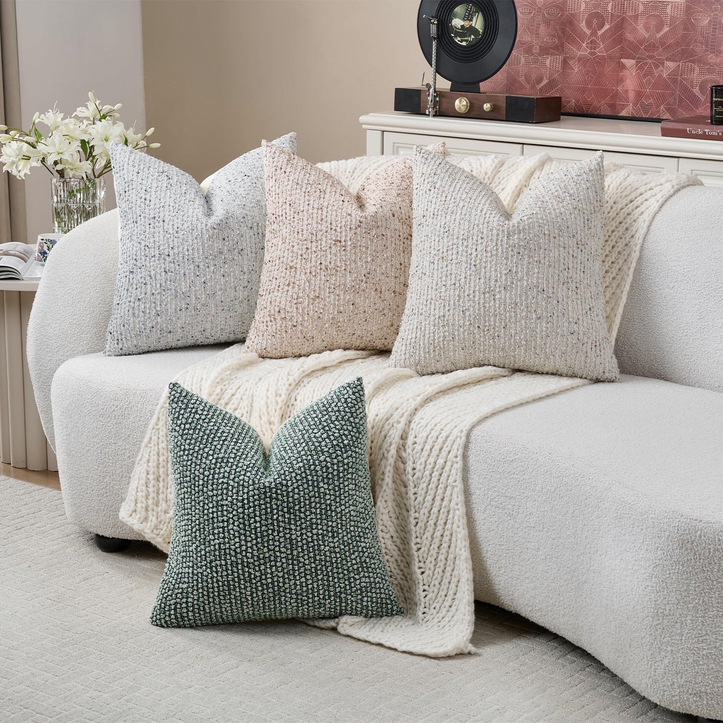 Striped Throw Pillow Covers 24x24 Set of 2 Beige Textured Boucle Chic Morden Boho Accent Farmhouse Square Decorative Couch Pillow Covers for Home Decor Bed Sofa Living Room