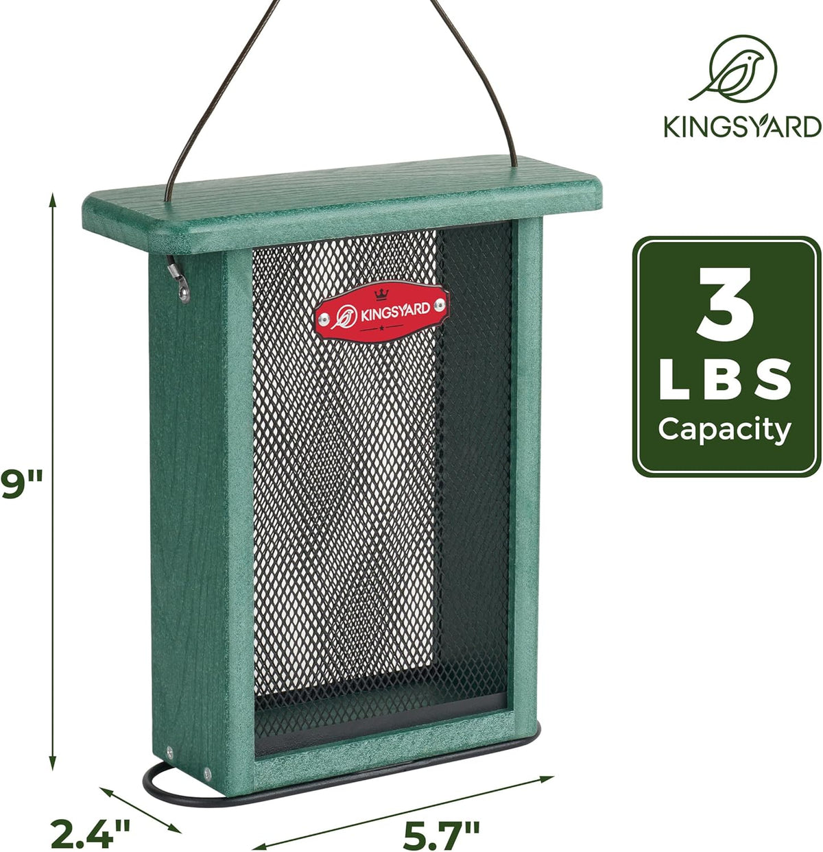 Kingsyard Metal Mesh Bird Feeder for Outdoors Hanging, Finch Feeder for Nyjer/Thistle, Sliding Mesh & Built-in Perch, Recycled Plastic, Green