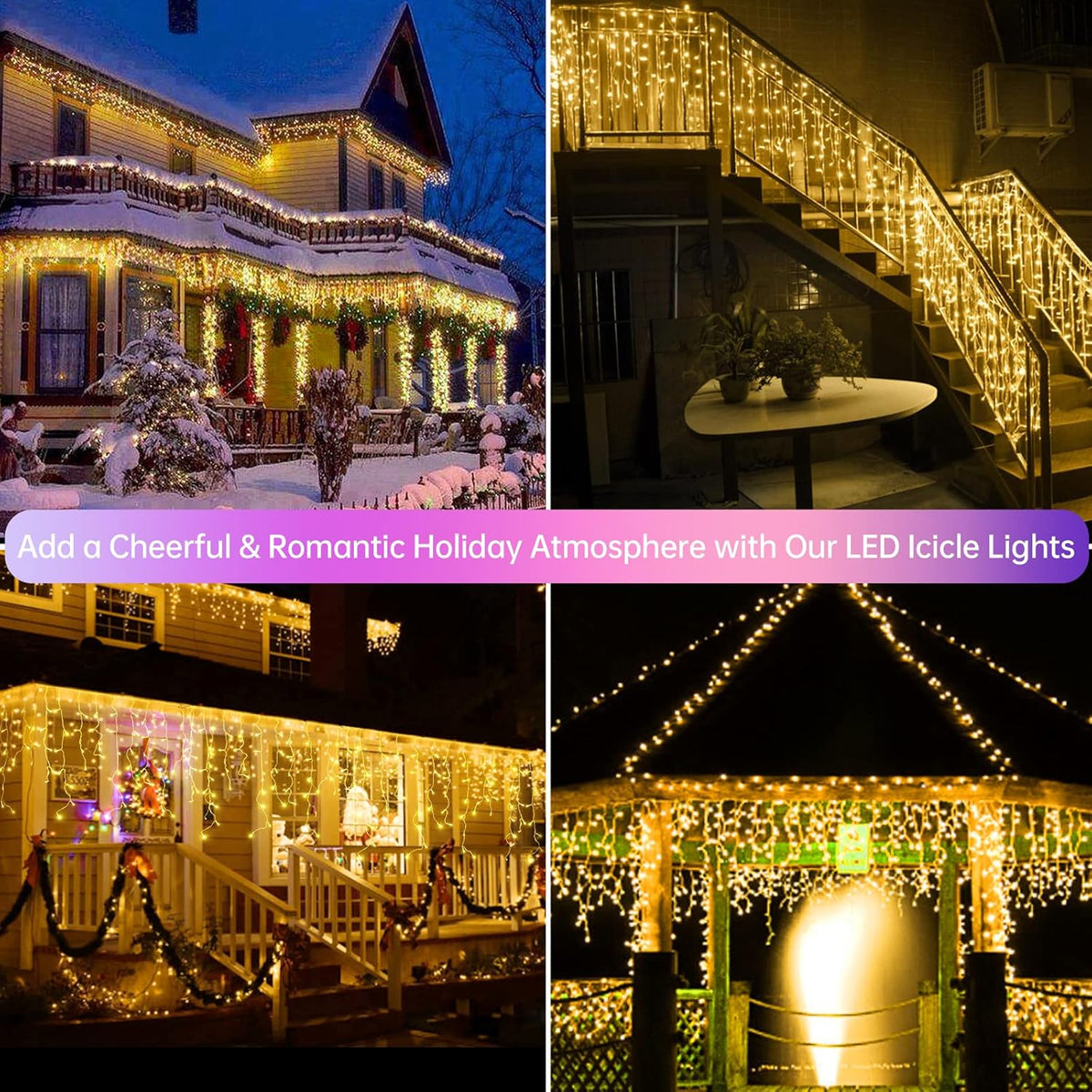 Warm White Christmas Icicle String Lights - 65.6 FT with 120 Drops, 8 Light Modes for Outdoor Decorations - Wedding, Party and More