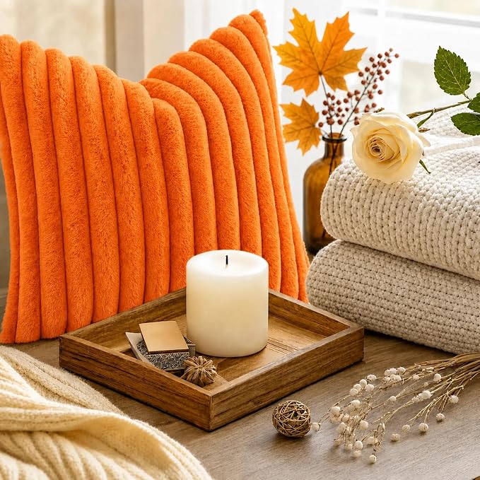 decorUhome Fall Faux Fur Throw Pillow Covers 12x20 Set of 2 Orange | Decorative - Image 9